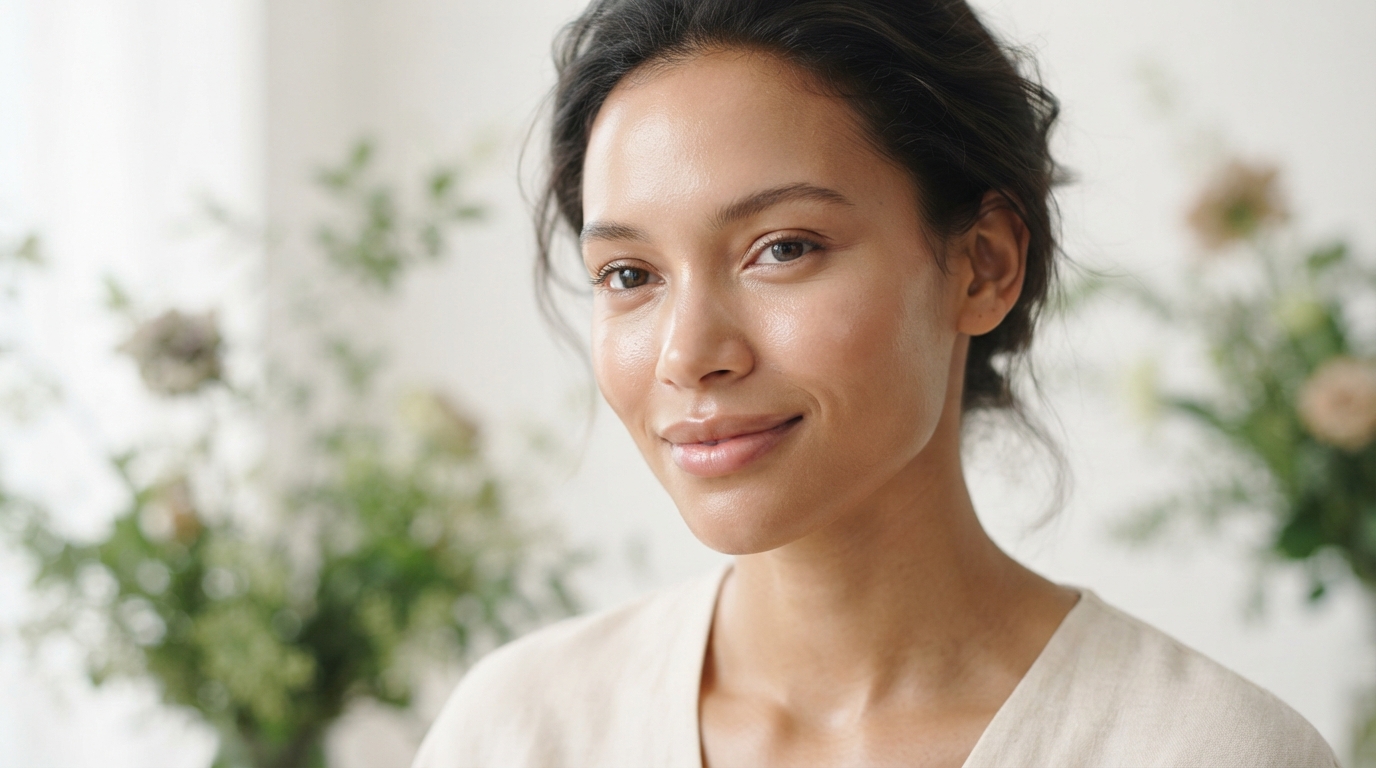 Close-up of radiant, healthy skin with subtle botanical elements, showcasing the benefits of adaptogens for skin resilience.