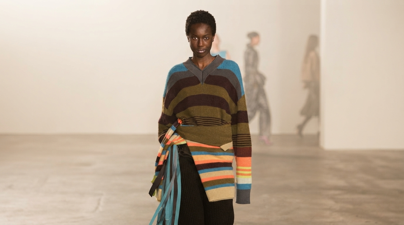 Models on a runway at NYFW showcasing Fall 2026 fashion trends in dominant colors like terracotta and fuchsia.