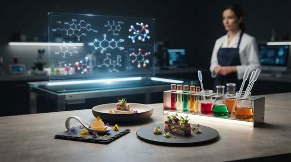 A futuristic laboratory setting where molecular structures and gourmet food dishes are displayed, symbolizing the intersection of science and culinary art in food pairing.