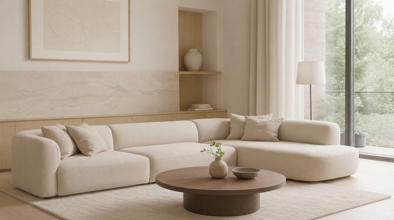 A bright, uncluttered living room showcasing minimalist design principles with clean lines, natural light, and a focus on essential elements.